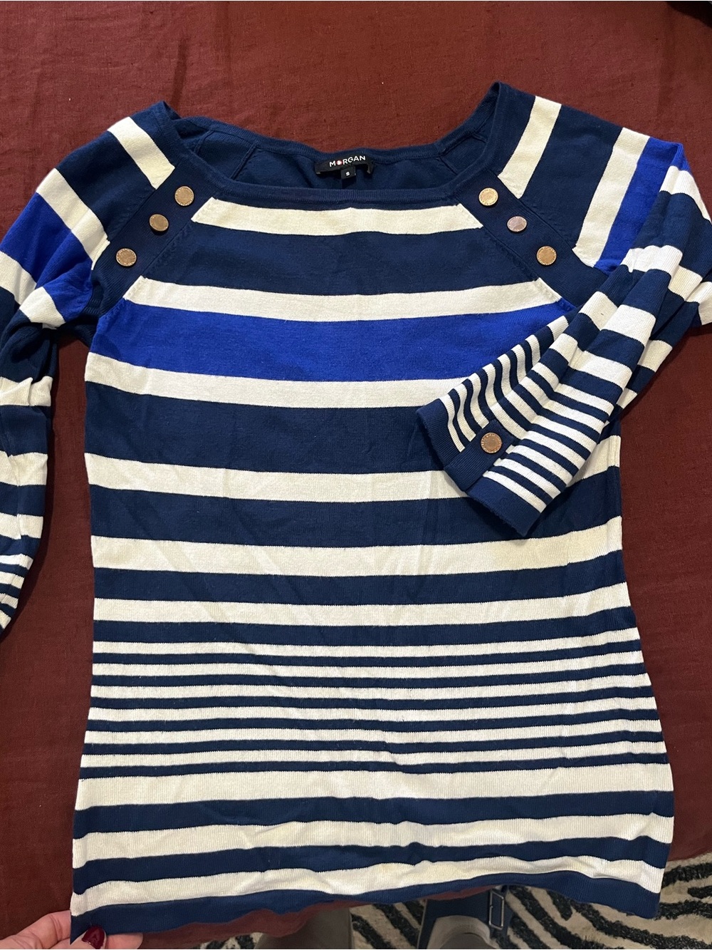 Morgan de Toi Navy, White & Royal Blue Striped Boatneck Sweater